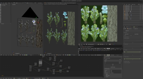 This is a special vegetation item , for which i started from scratch , using 2 levels of particle scattering and dupligroups to create bushes (from the size of field flowers to small trees) and it was important to have full control and quickly iterate to get the right density of leaves and flower for .. well , i can't say , that'd be a spoiler ..