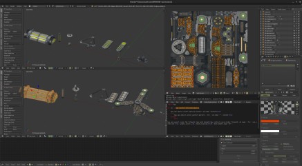 a sample of the normal asset workflow : lowpoly and hipoly chunks , exported to substance , then texture loaded back in Blender to create addtional 'derivate' assets using those maps and pieces of mesh.