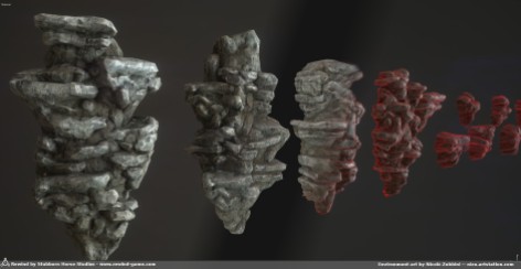 Some rock walls, sculpted in Blender, textured in Substance painter. Also Meshlab came in handy with quadric edge collapse for quick retopo of rocks and Meshmixer proved to have great reliability for boolean operations on hipoly sculpts, when normal tools like blender booleans fail.