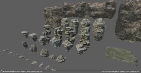 Full kit of rocks for the game All by me except the 2nd row, which i just retextured from a stock kit. In the end , it was quite important to have plenty scale variations with specific models, but Substance materials meant i could texture quickly, and also the original base sculpt is the same for most , just 'remixed' and joined differently.