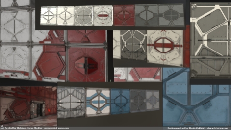 Design steps of the base wall modules, while the core design remained the same, lots of small iterations were necessary to get the right color balance within these tiles and consequently in the rooms , with bold colors for accent , white as default and grey for non-gameplay-relevant areas.